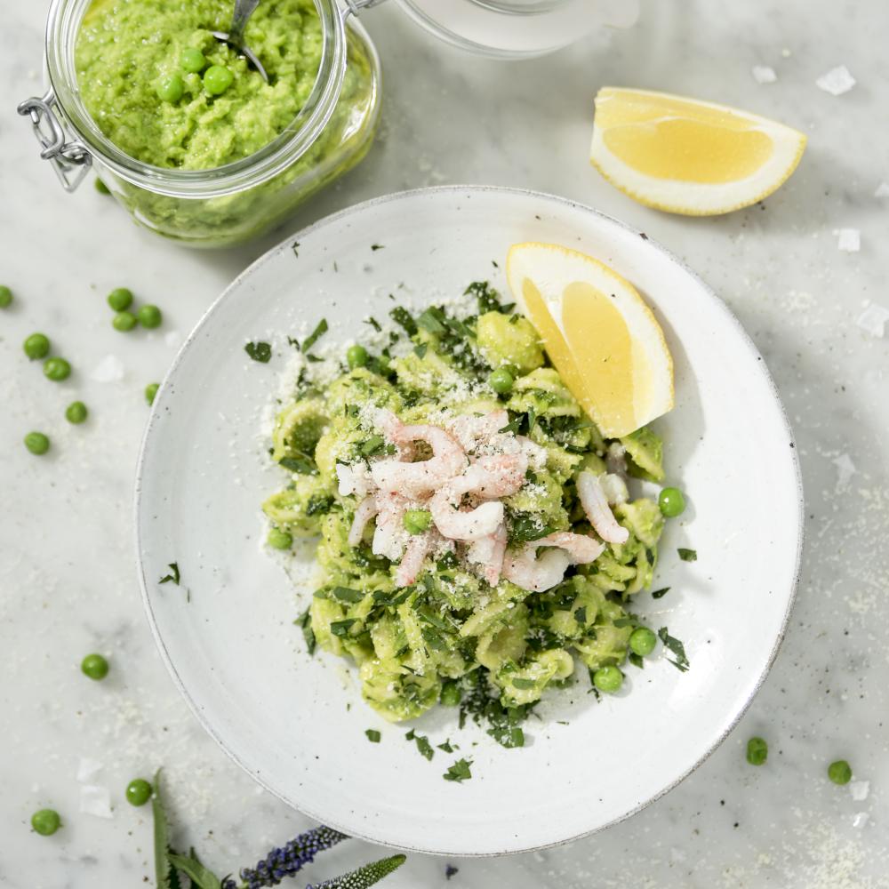 Orecchiettepasta with green pea pesto and prawns on a white plate and in a jar