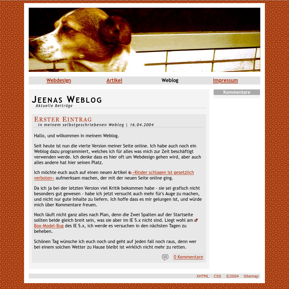 Screenshot of my weblog with a dog head as the header picture and the first entry